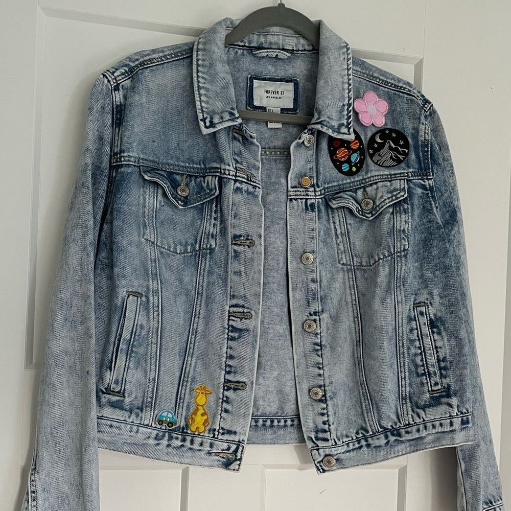 Forever 21 Custom Patch Acid Wash Denim Jacket - Size L